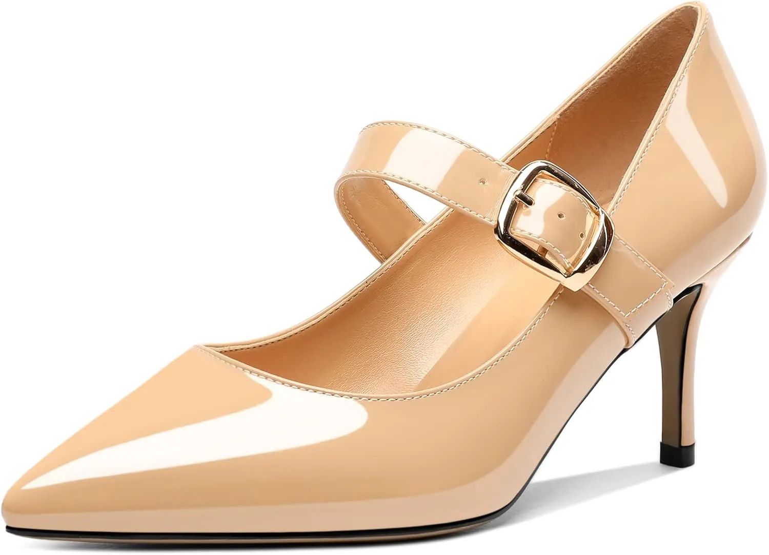 Mettesally Women's Pointed Toe Pumps Marry Janes Mid Heels Slip On Adjuatable Strap Kitten Heels Office Work Dress Shoes