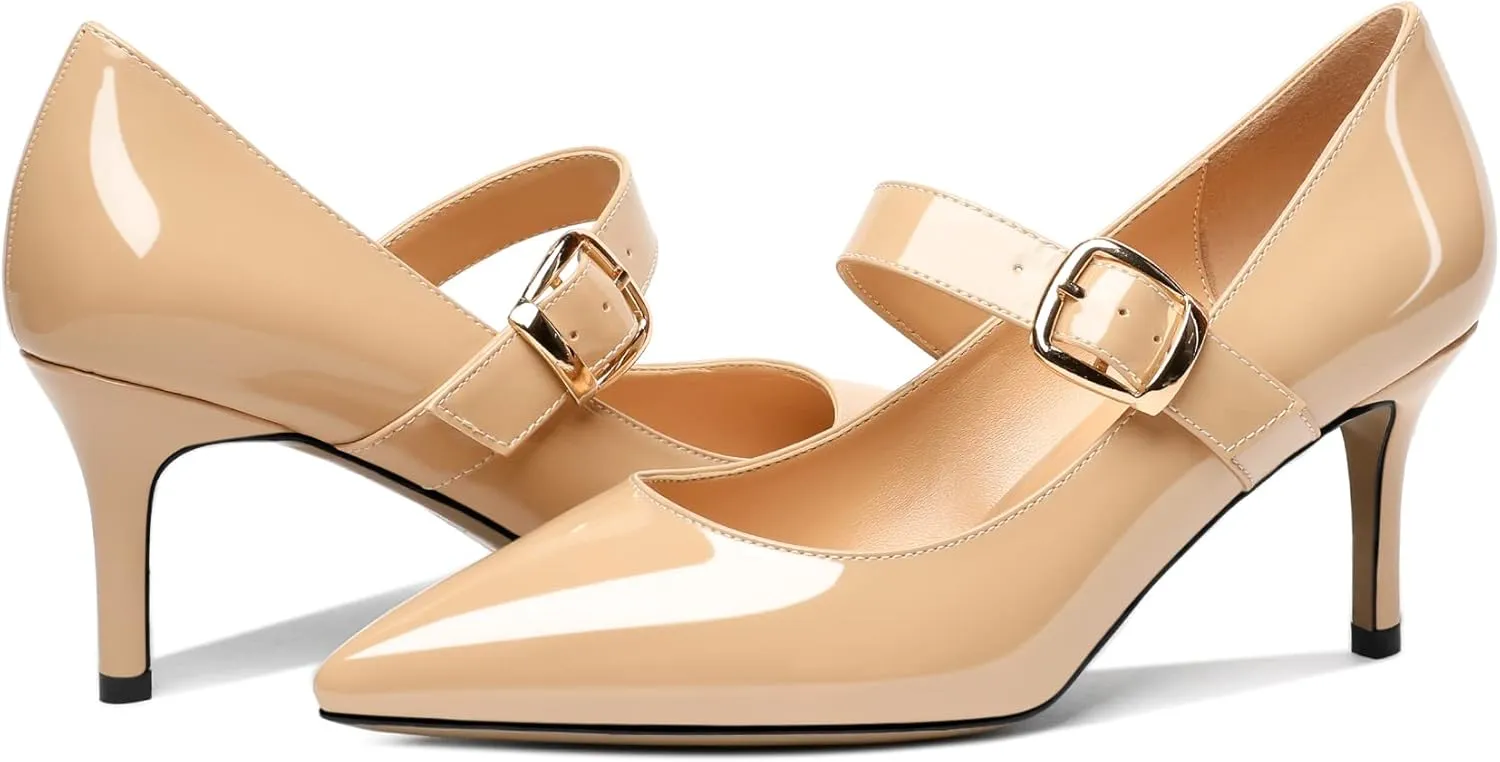 Mettesally Women's Pointed Toe Pumps Marry Janes Mid Heels Slip On Adjuatable Strap Kitten Heels Office Work Dress Shoes
