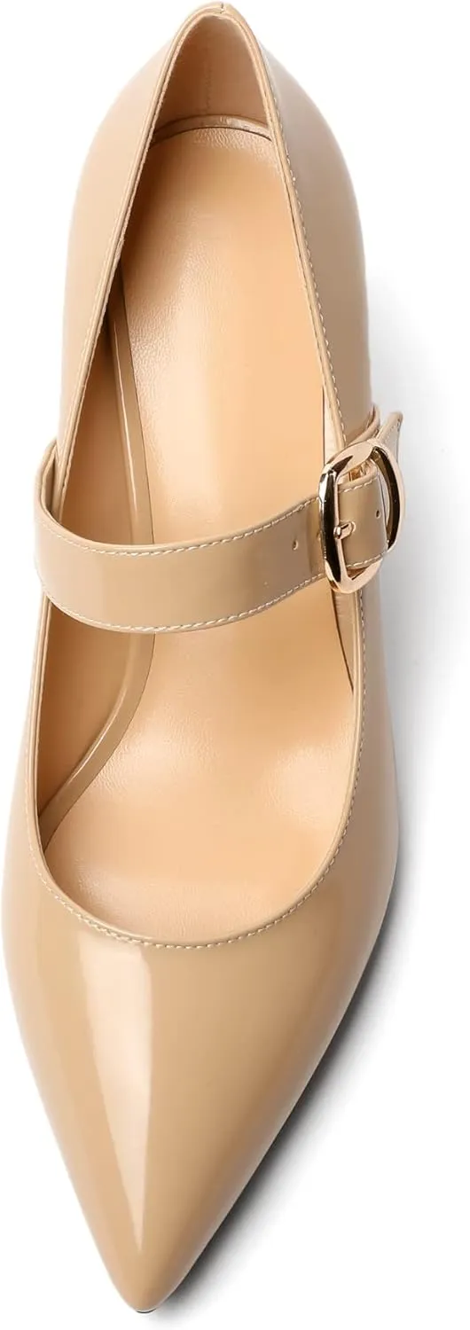 Mettesally Women's Pointed Toe Pumps Marry Janes Mid Heels Slip On Adjuatable Strap Kitten Heels Office Work Dress Shoes