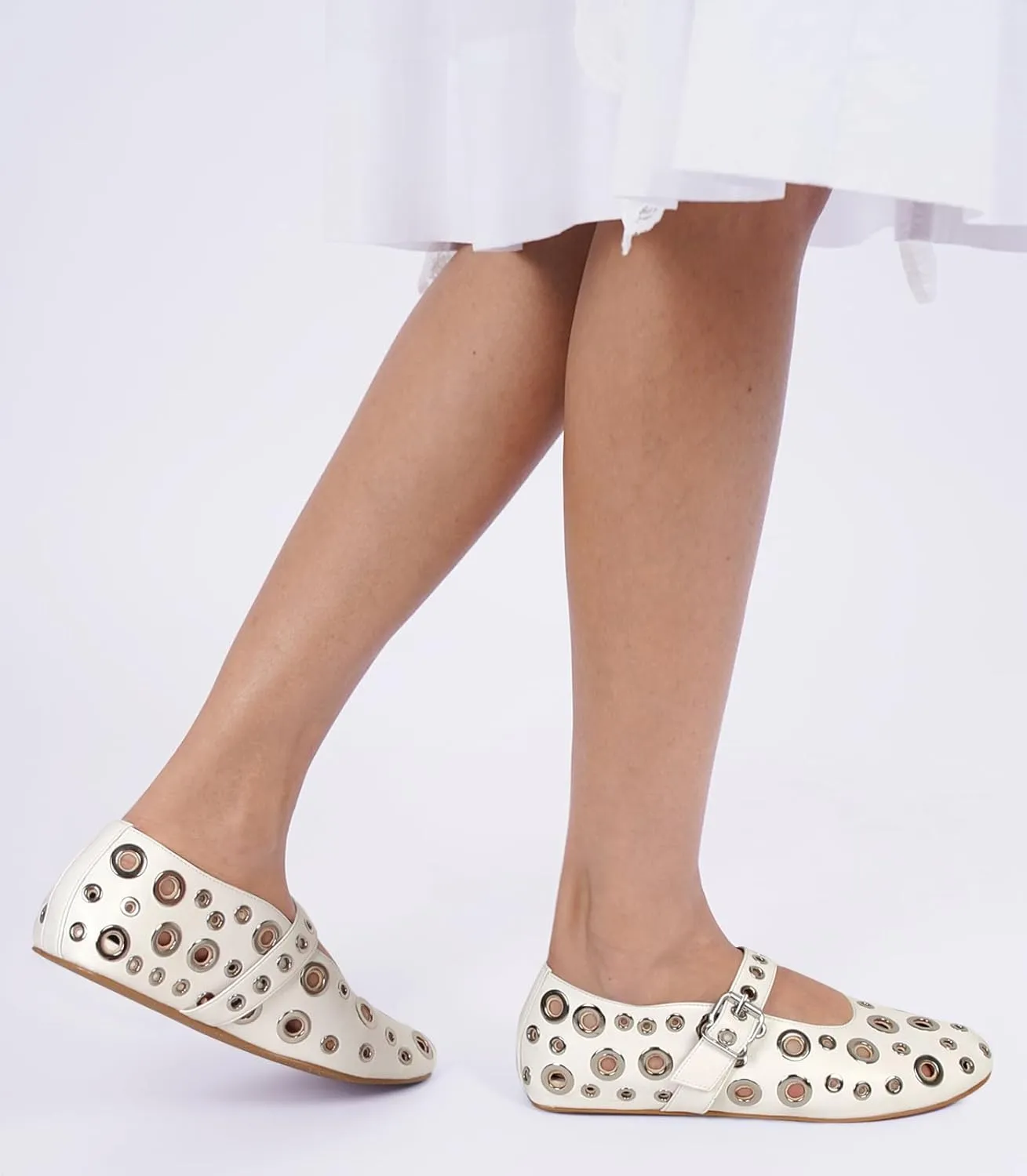 MICIFA Ballet Flats for Women with Buckle Strap Mesh Perforated Metal Studded Mary Jane Comfortable Ballerina Flat Shoes Metallic