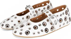 MICIFA Ballet Flats for Women with Buckle Strap Mesh Perforated Metal Studded Mary Jane Comfortable Ballerina Flat Shoes Metallic
