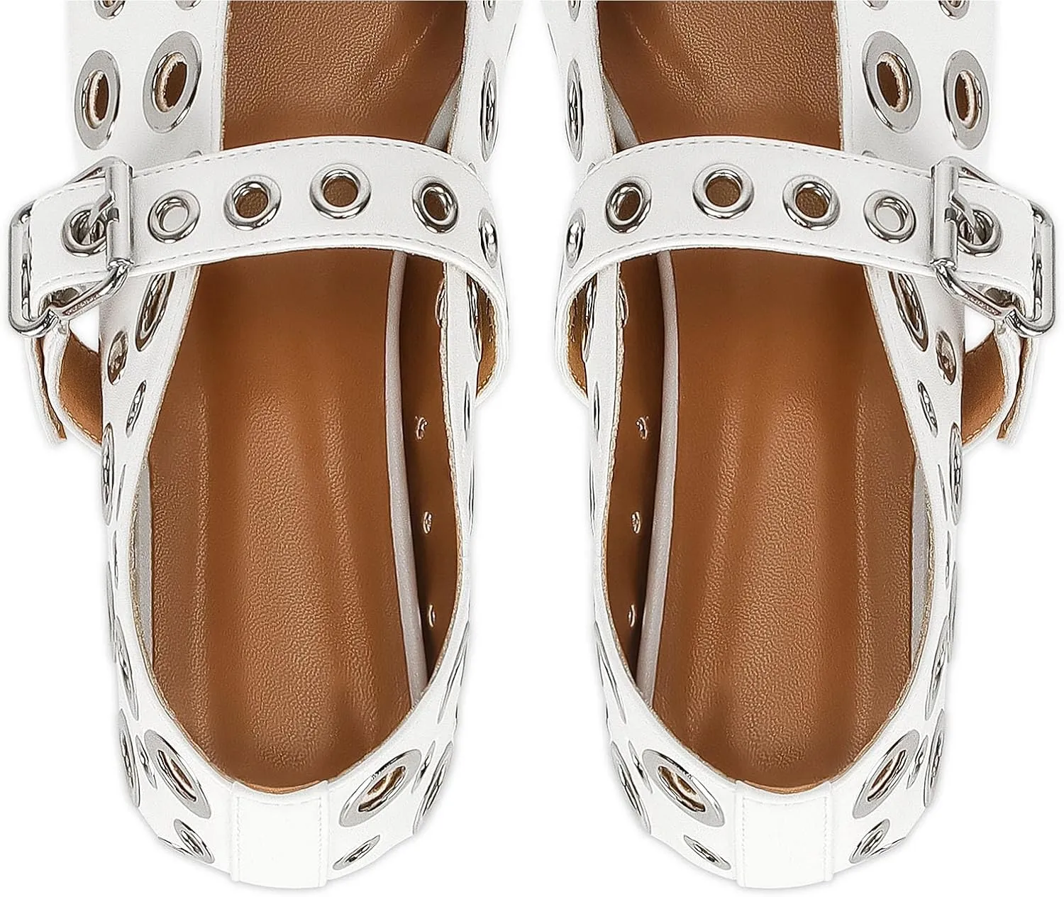 MICIFA Ballet Flats for Women with Buckle Strap Mesh Perforated Metal Studded Mary Jane Comfortable Ballerina Flat Shoes Metallic