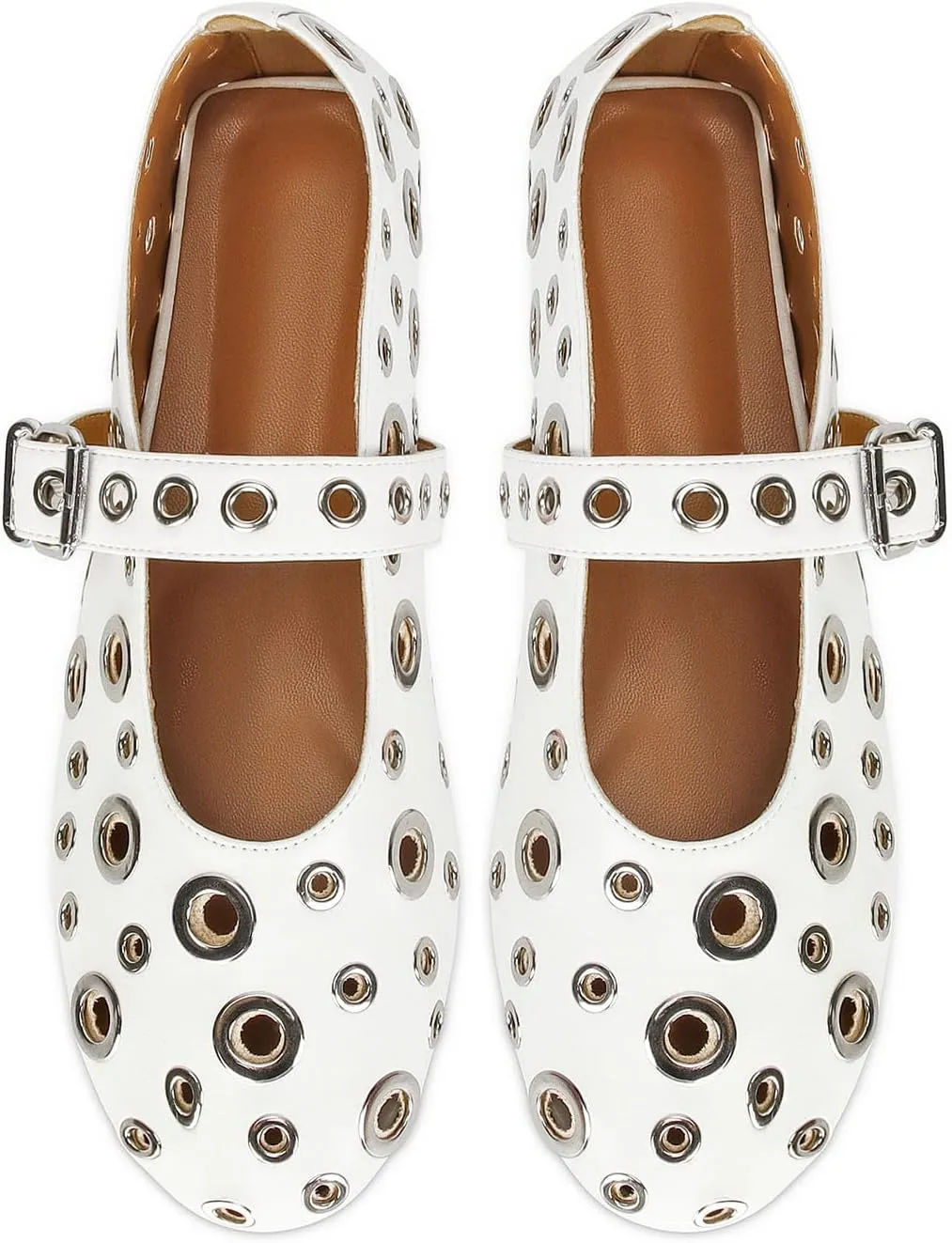 MICIFA Ballet Flats for Women with Buckle Strap Mesh Perforated Metal Studded Mary Jane Comfortable Ballerina Flat Shoes Metallic