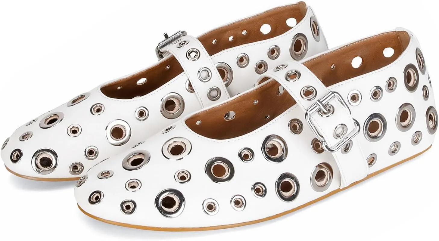 MICIFA Ballet Flats for Women with Buckle Strap Mesh Perforated Metal Studded Mary Jane Comfortable Ballerina Flat Shoes Metallic