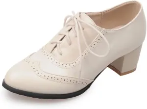 mikarka Vintage Oxford Shoes for Women Chunky Block Mid Heel Brogues Pumps Lace up Perforated Dress Shoes Saddle Oxfords