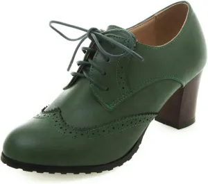 mikarka Vintage Oxford Shoes for Women Chunky Block Mid Heel Brogues Pumps Lace up Perforated Dress Shoes Saddle Oxfords