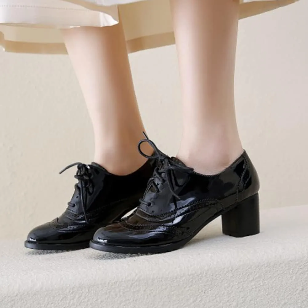 mikarka Women's Vegan Leather Oxfords Heels Shoes, Wingtip Lace Up Brogues Perforated Saddles Pumps Chunky Mid Heel Dress Shoes