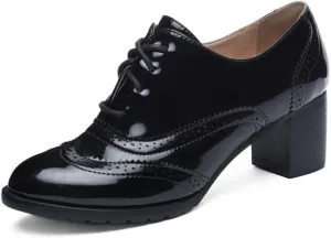 mikarka Women's Vegan Leather Oxfords Heels Shoes, Wingtip Lace Up Brogues Perforated Saddles Pumps Chunky Mid Heel Dress Shoes