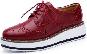 MIOKE Women's Casual Platform Oxford Shoes Wingtip Vintage Lace Up Chunky Mid Heel Dress Wedge Oxfords
