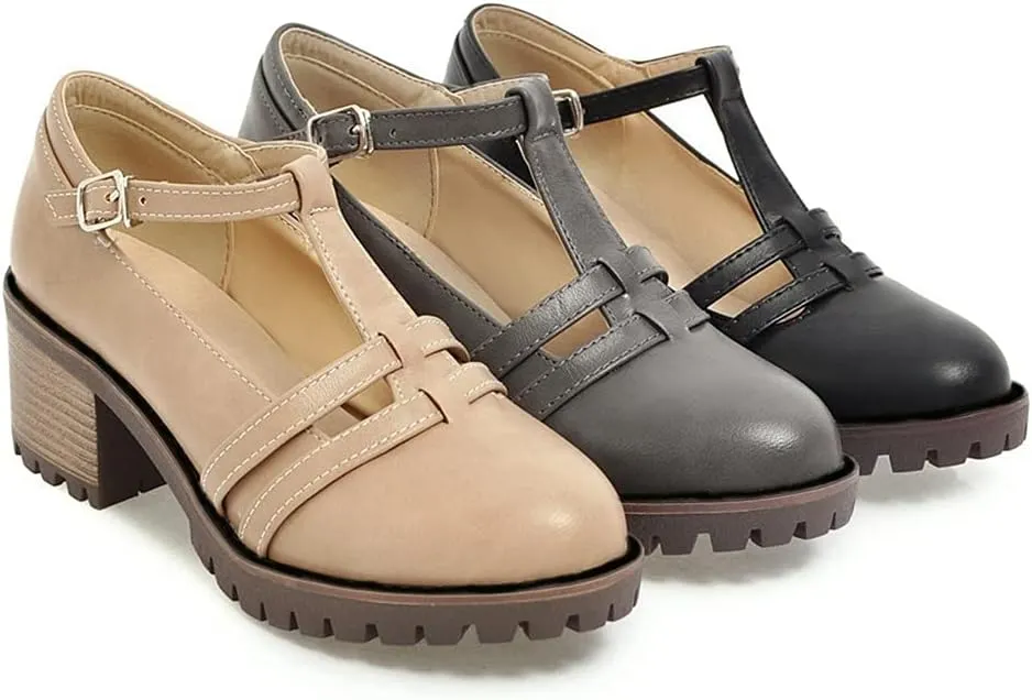 MIOKE Women's T-Strap Mary Jane Pumps Round Toe Chunky Mid Heel Platform Vintage Brogue Dress Oxford Shoes