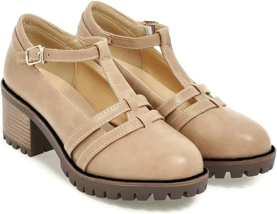 MIOKE Women's T-Strap Mary Jane Pumps Round Toe Chunky Mid Heel Platform Vintage Brogue Dress Oxford Shoes