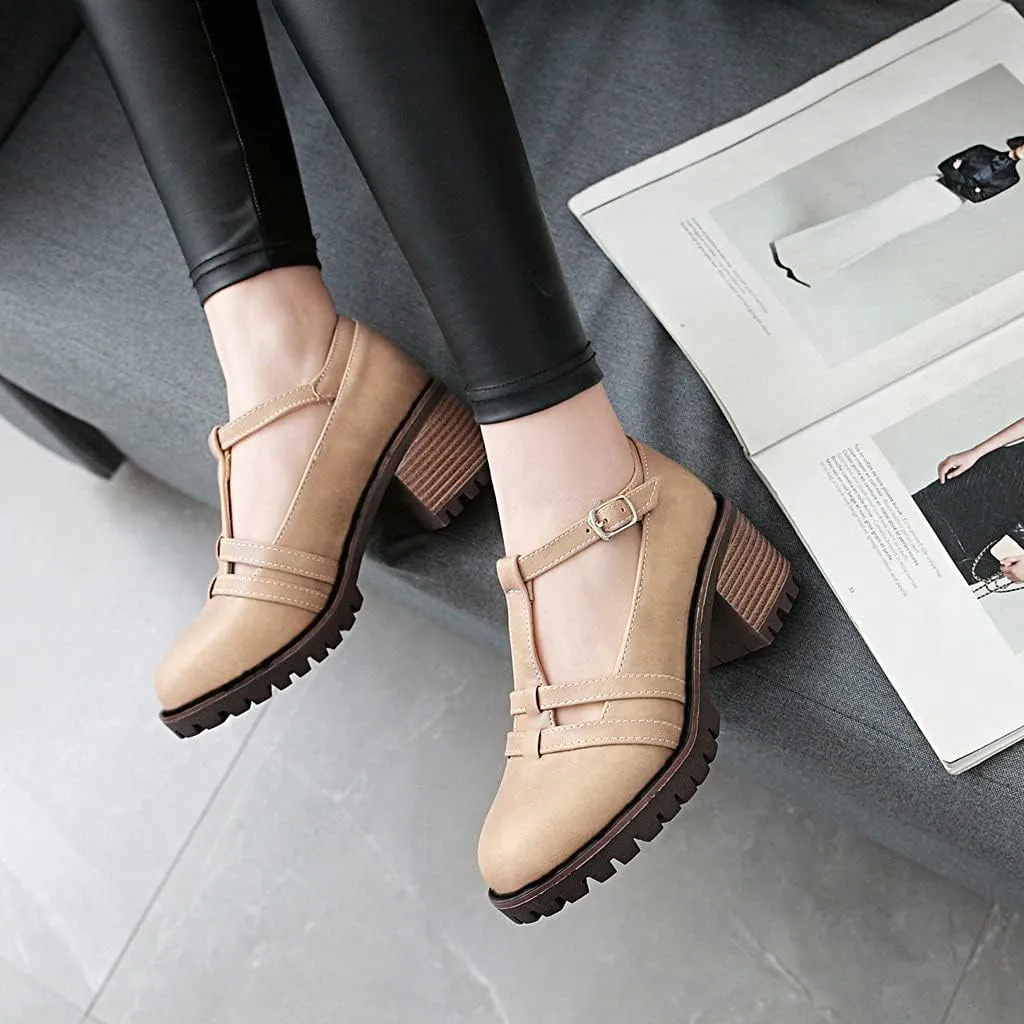 MIOKE Women's T-Strap Mary Jane Pumps Round Toe Chunky Mid Heel Platform Vintage Brogue Dress Oxford Shoes