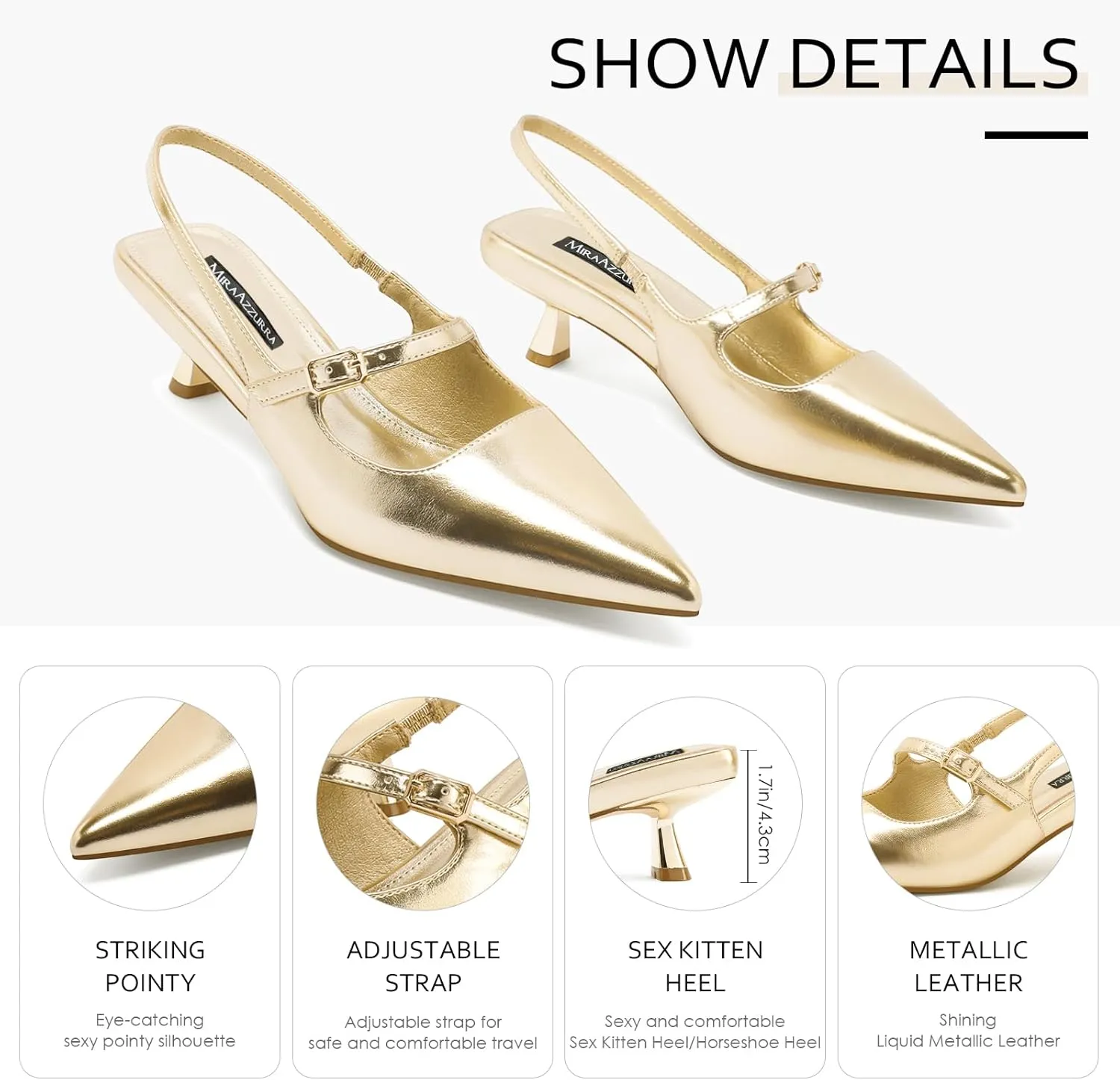 MIRAAZZURRA Slingback Kitten Heels Pumps Pointed Toe Low Heel Slip On Dress Shoes with Buckle Strap for Dating Party Working