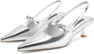 MIRAAZZURRA Slingback Kitten Heels Pumps Pointed Toe Low Heel Slip On Dress Shoes with Buckle Strap for Dating Party Working