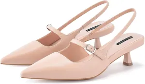 MIRAAZZURRA Slingback Kitten Heels Pumps Pointed Toe Low Heel Slip On Dress Shoes with Buckle Strap for Dating Party Working