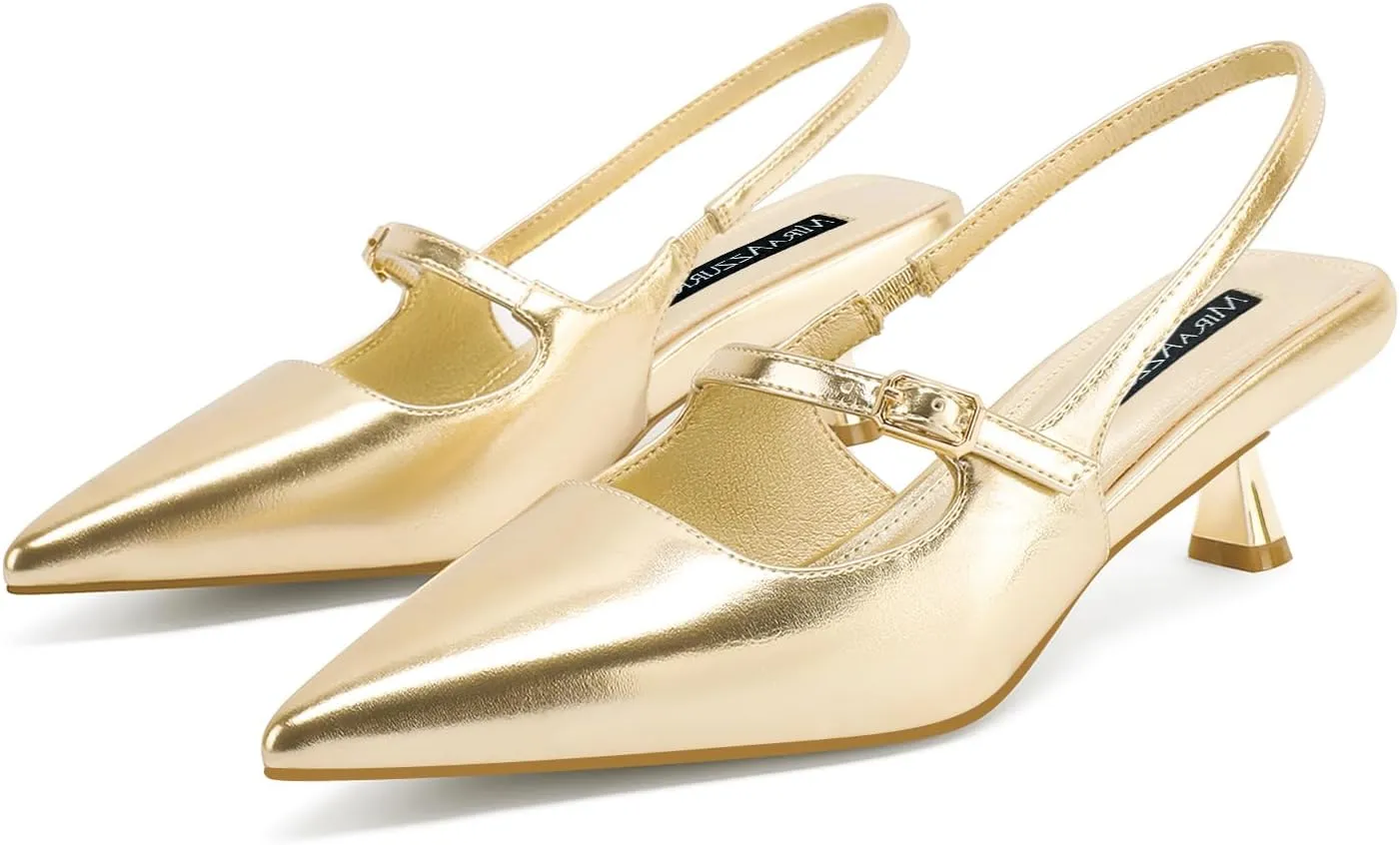 MIRAAZZURRA Slingback Kitten Heels Pumps Pointed Toe Low Heel Slip On Dress Shoes with Buckle Strap for Dating Party Working