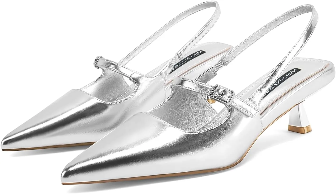 MIRAAZZURRA Slingback Kitten Heels Pumps Pointed Toe Low Heel Slip On Dress Shoes with Buckle Strap for Dating Party Working