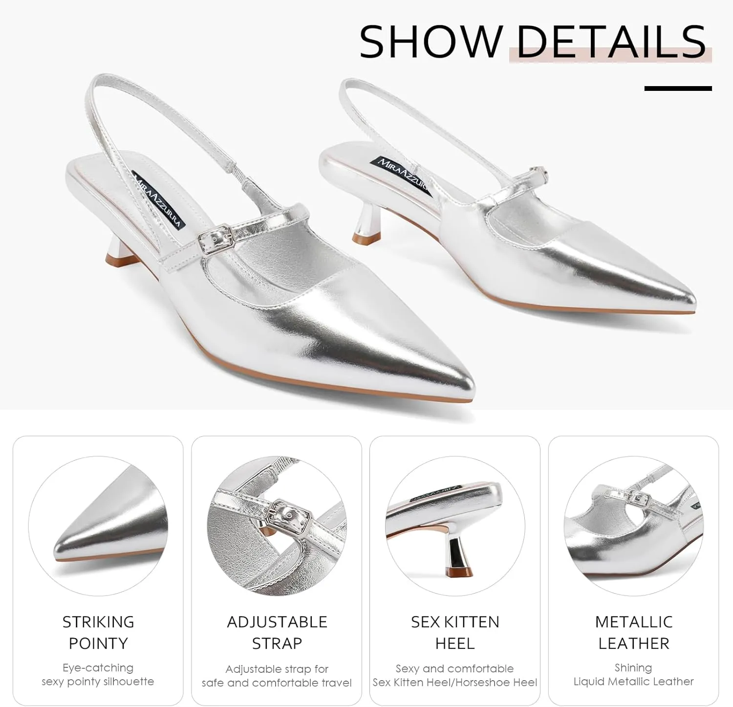 MIRAAZZURRA Slingback Kitten Heels Pumps Pointed Toe Low Heel Slip On Dress Shoes with Buckle Strap for Dating Party Working