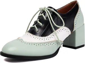 Mixed Colors Vintage Oxfords Lace Up Classic Sewing Brogue for Women Block Low Heel Round Toe Mary Jane