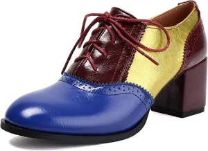 Mixed Colors Vintage Oxfords Lace Up Classic Sewing Brogue for Women Block LowHeel Round Toe Mary Jane