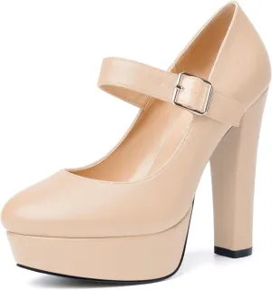 MODENCOCO Womens Ankle Strap Buckle Round Toe Matte Sexy Platform Mary Jane Wedding Party Block High Heel Pumps Dress Shoes 5 Inch