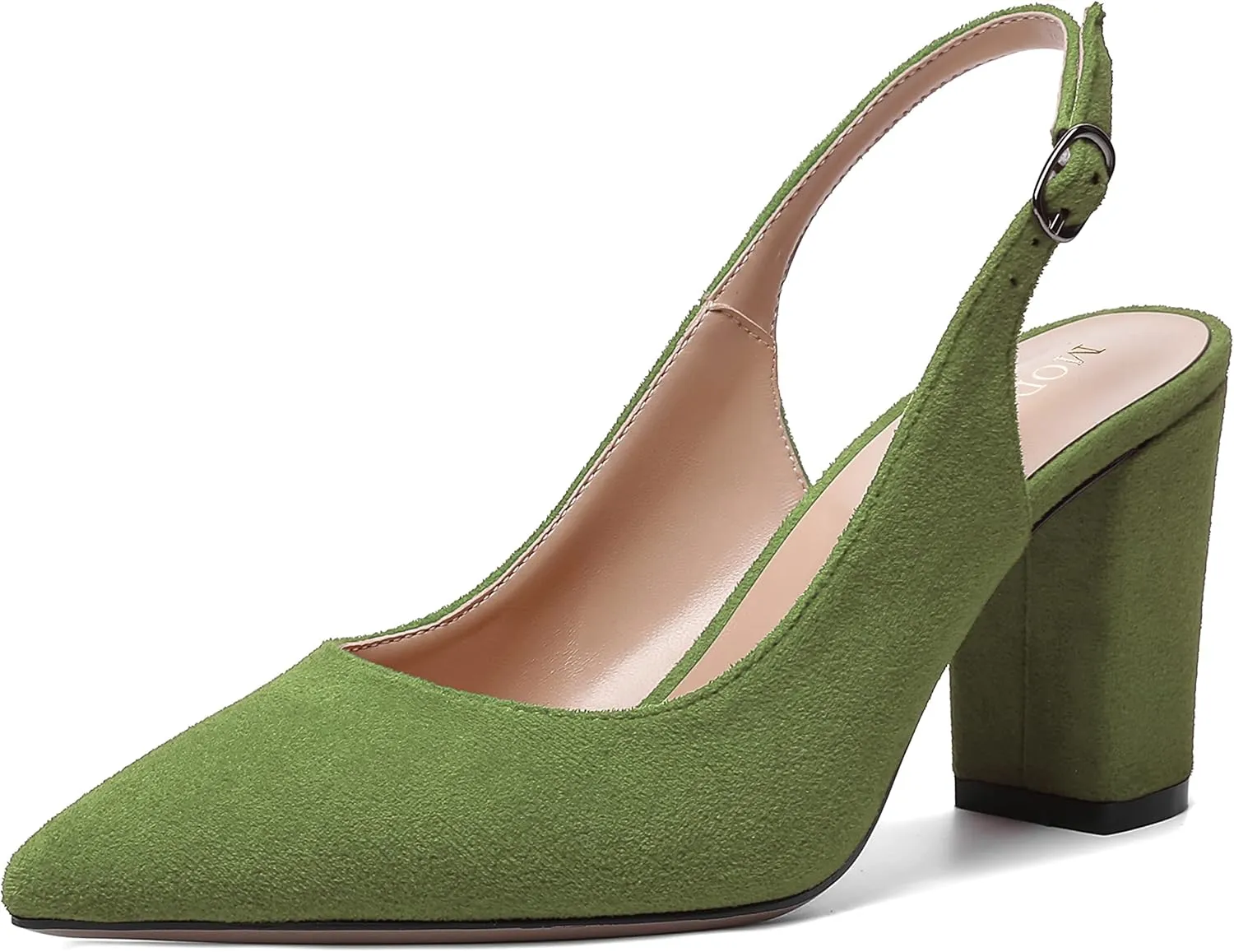 MODENCOCO Womens Fashion Pointed Toe Slingback Bridal Wedding Buckle Suede Block High Heel Pumps Dress Shoes 3.5 Inch