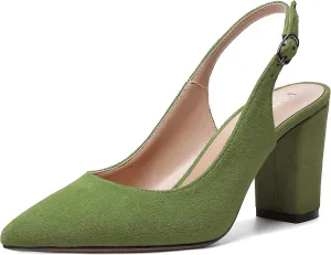 MODENCOCO Womens Fashion Pointed Toe Slingback Bridal Wedding Buckle Suede Block High Heel Pumps Dress Shoes 3.5 Inch
