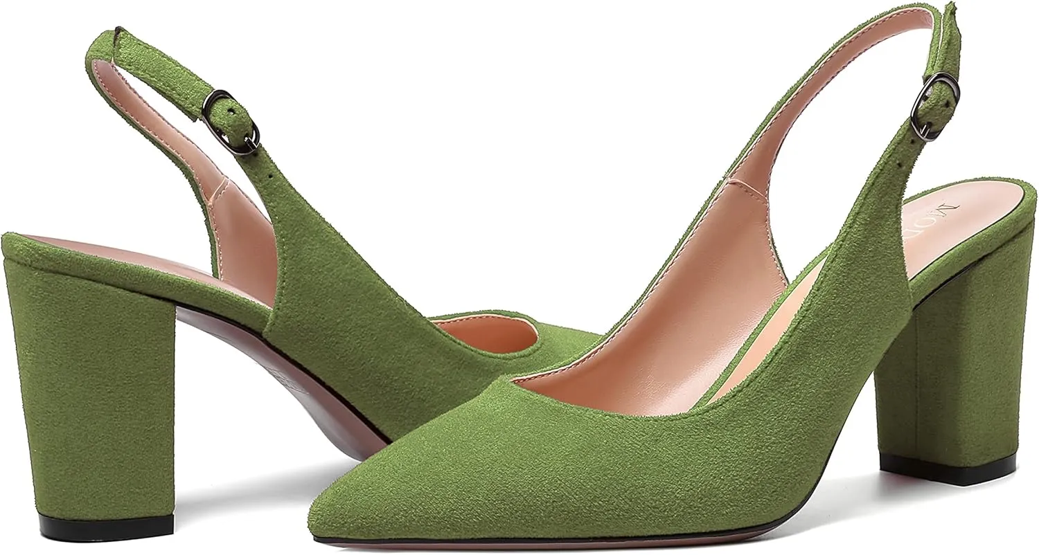 MODENCOCO Womens Fashion Pointed Toe Slingback Bridal Wedding Buckle Suede Block High Heel Pumps Dress Shoes 3.5 Inch