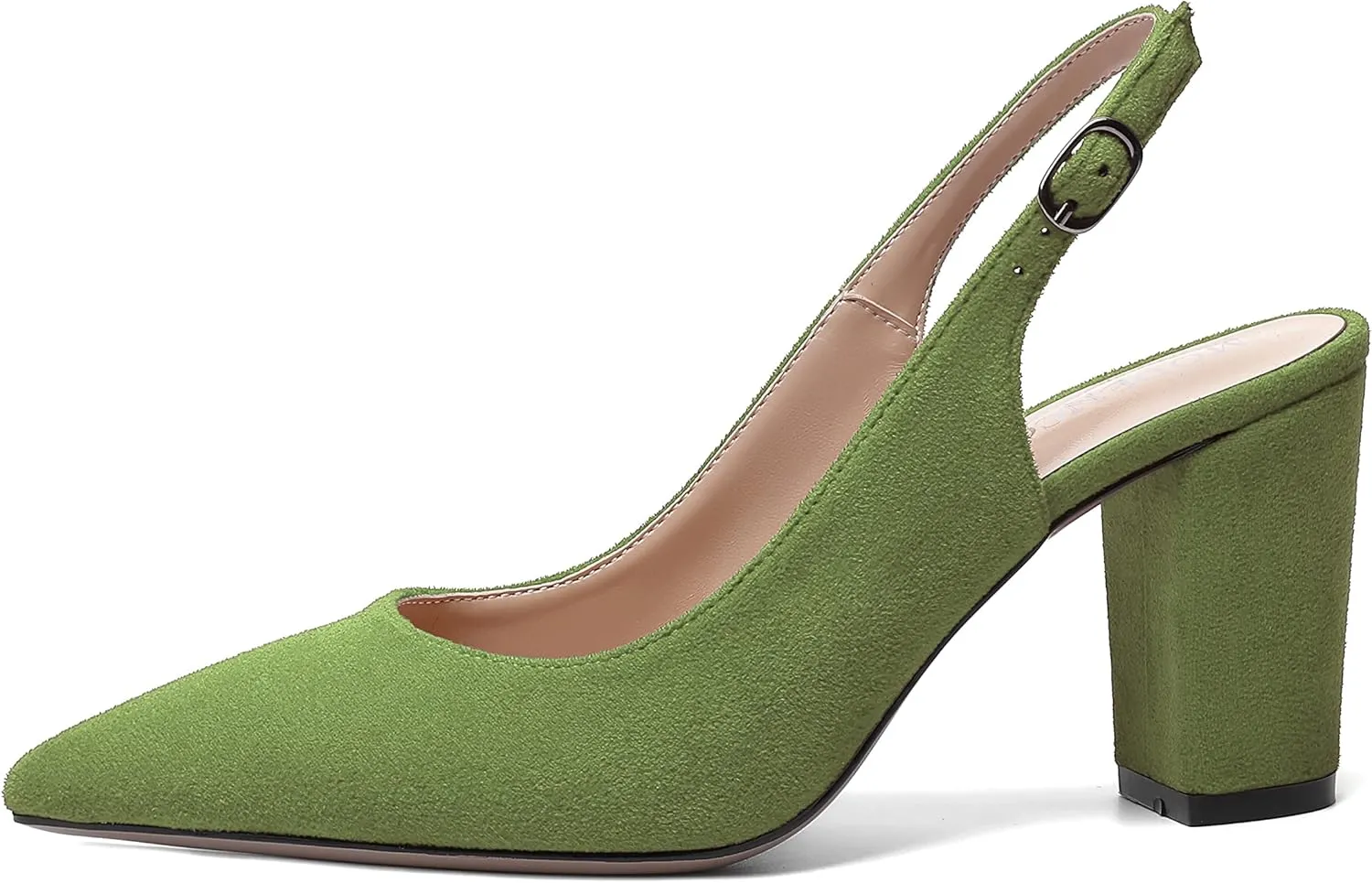 MODENCOCO Womens Fashion Pointed Toe Slingback Bridal Wedding Buckle Suede Block High Heel Pumps Dress Shoes 3.5 Inch