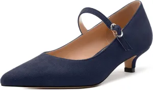 MODENCOCO Women's Mary Jane Kitten Heels Pointed Closed Toe Low Heel Pumps Ankle Strap Office Comfort Bridal Wedding Party 1.5 Inch Suede Dress Shoes