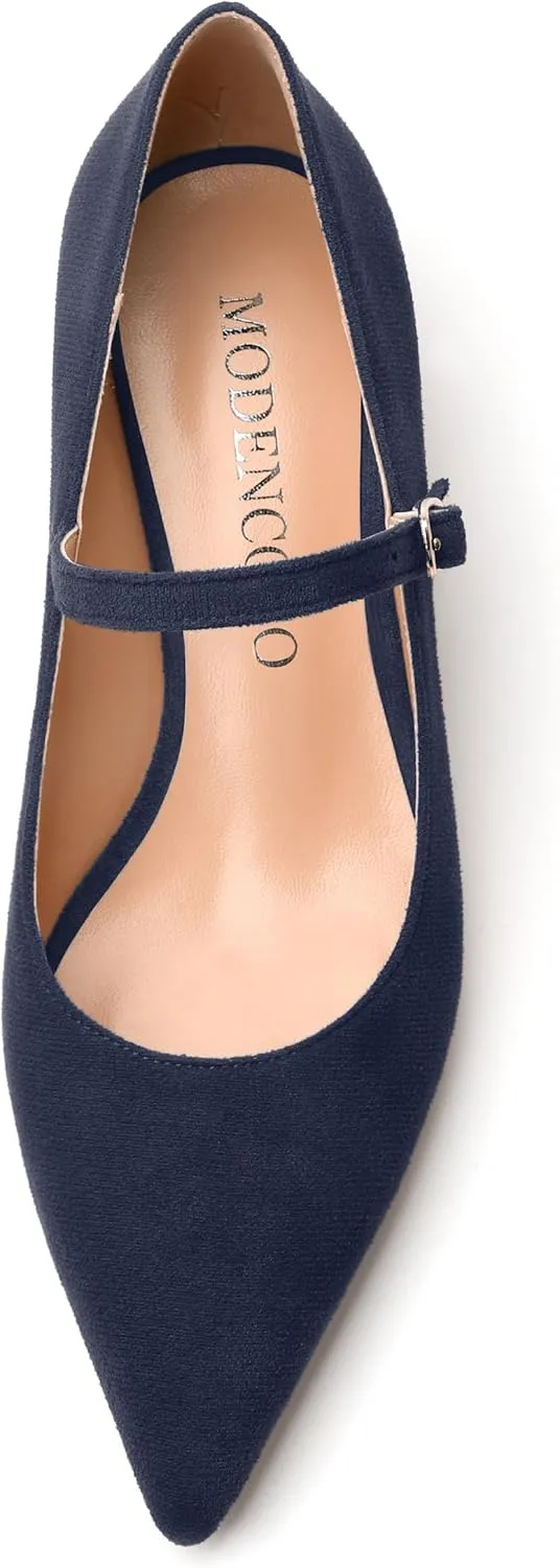 MODENCOCO Women's Mary Jane Kitten Heels Pointed Closed Toe Low Heel Pumps Ankle Strap Office Comfort Bridal Wedding Party 1.5 Inch Suede Dress Shoes