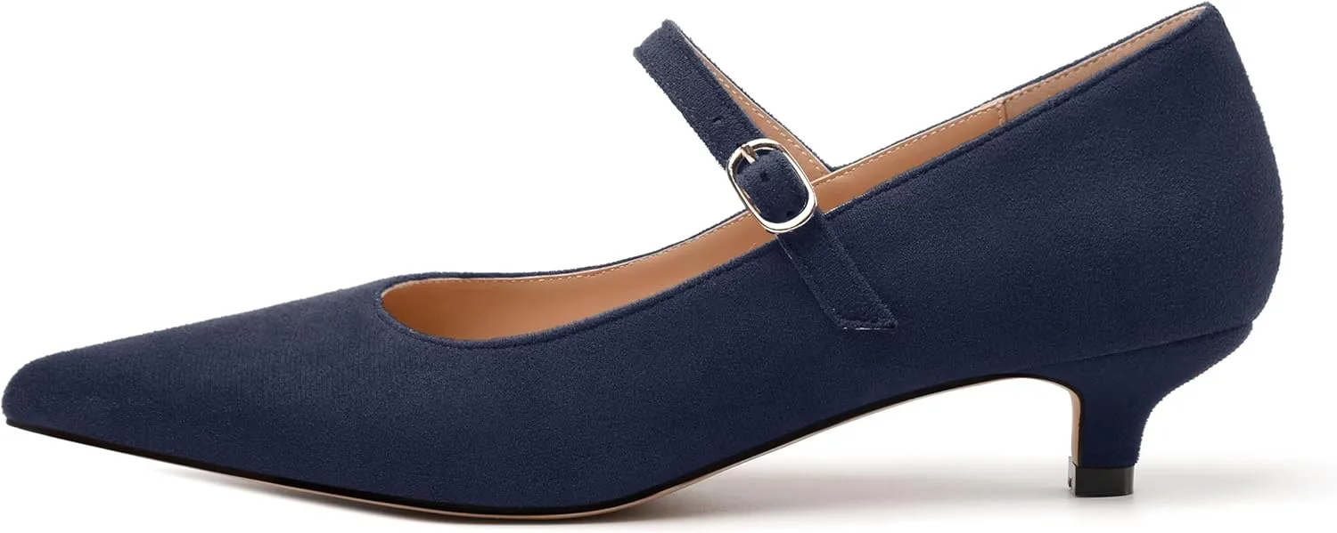 MODENCOCO Women's Mary Jane Kitten Heels Pointed Closed Toe Low Heel Pumps Ankle Strap Office Comfort Bridal Wedding Party 1.5 Inch Suede Dress Shoes