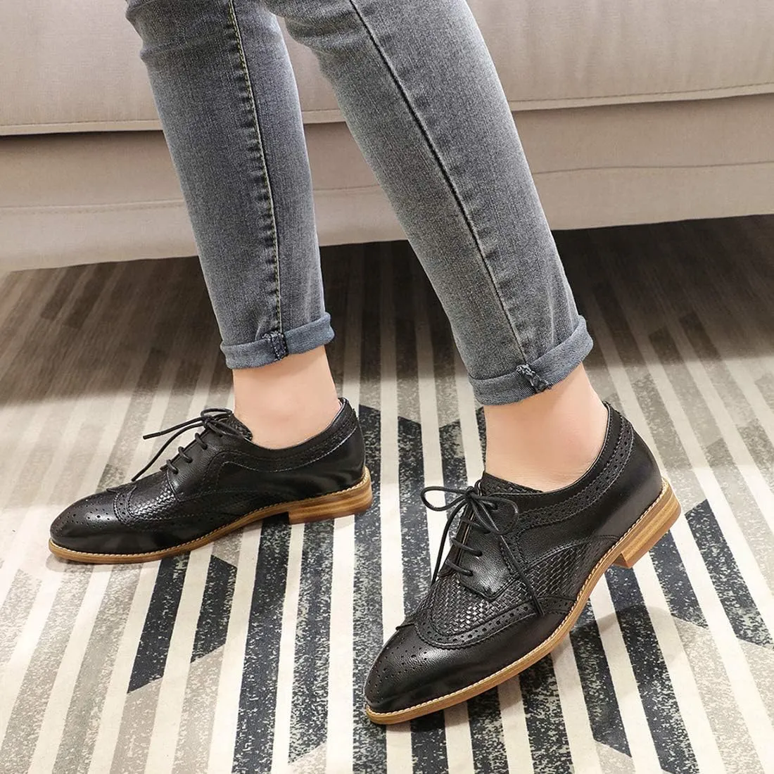 Mona flying Leather Flat Oxfords for Women Lace up Brogue Wingtips for Ladies