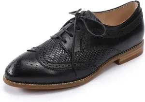 Mona flying Leather Flat Oxfords for Women Lace up Brogue Wingtips for Ladies