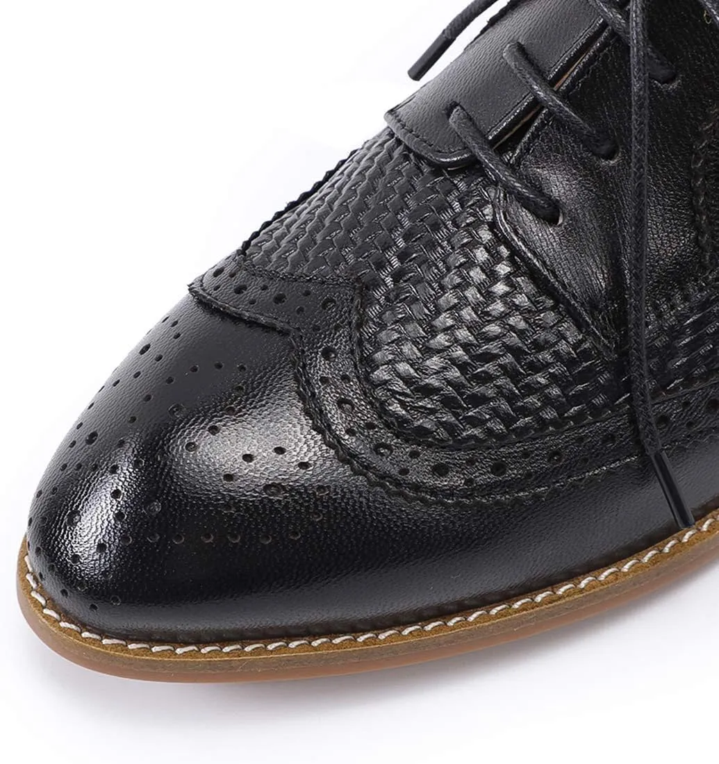 Mona flying Leather Flat Oxfords for Women Lace up Brogue Wingtips for Ladies