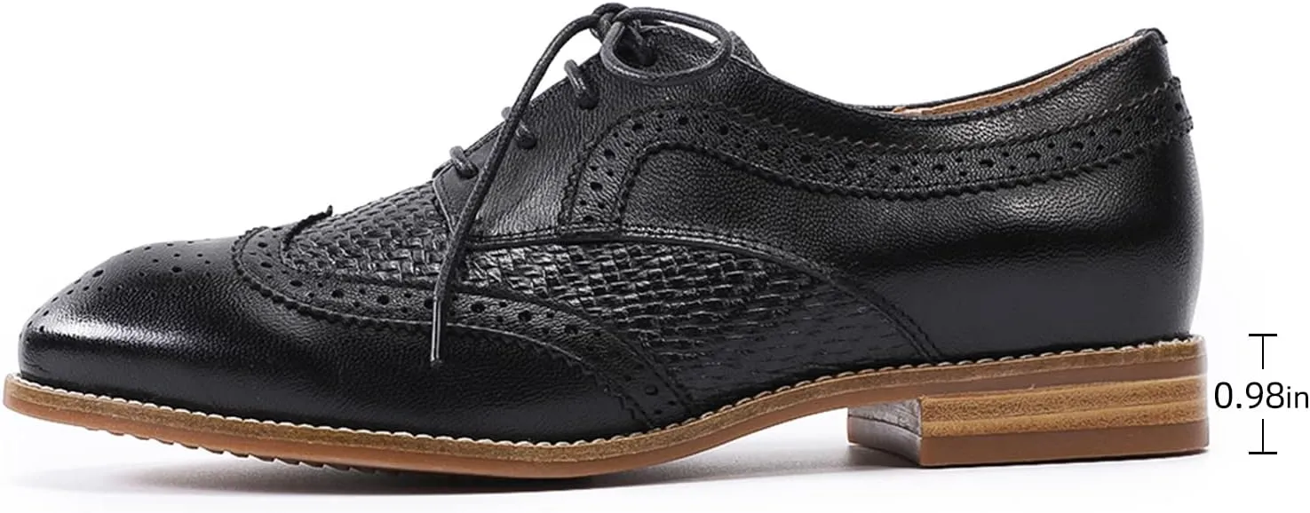 Mona flying Leather Flat Oxfords for Women Lace up Brogue Wingtips for Ladies