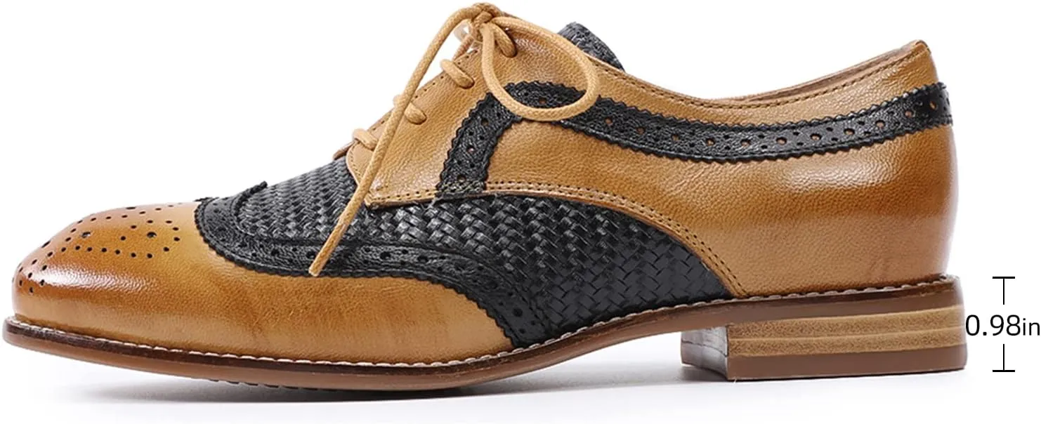 Mona flying Leather Flat Oxfords for Women Lace up Brogue Wingtips for Ladies