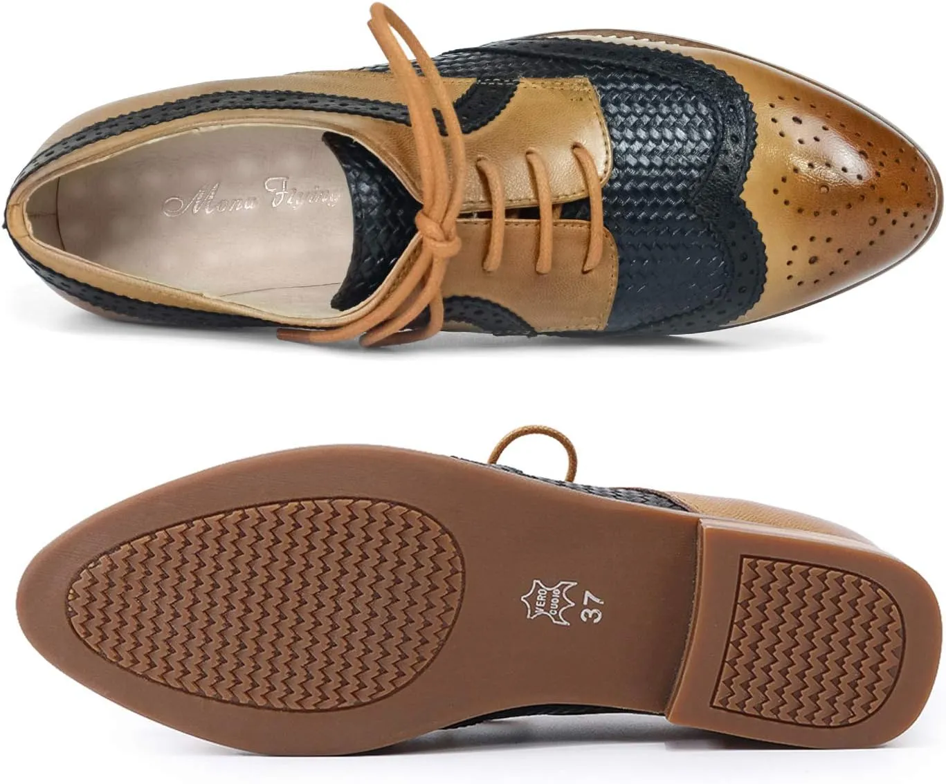 Mona flying Leather Flat Oxfords for Women Lace up Brogue Wingtips for Ladies