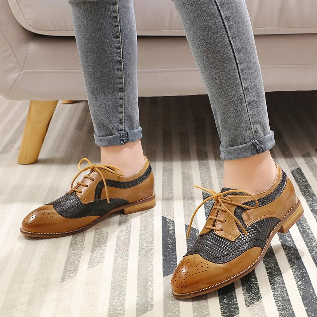 Mona flying Leather Flat Oxfords for Women Lace up Brogue Wingtips for Ladies