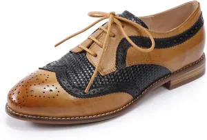 Mona flying Leather Flat Oxfords for Women Lace up Brogue Wingtips for Ladies