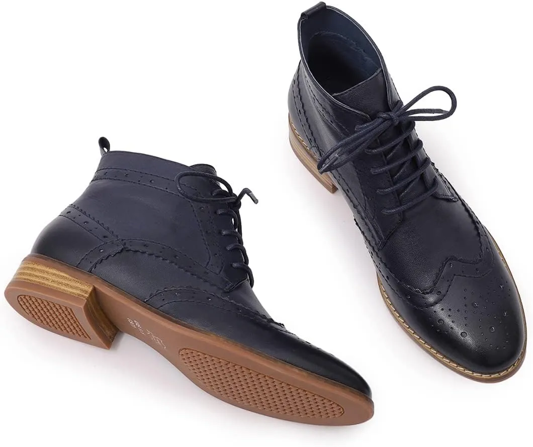 Mona flying Women's Comfort Leather Lace-up Oxfords Brogue Boots Ankle High Fashion Tie up Booties Low Heel Combat Boots