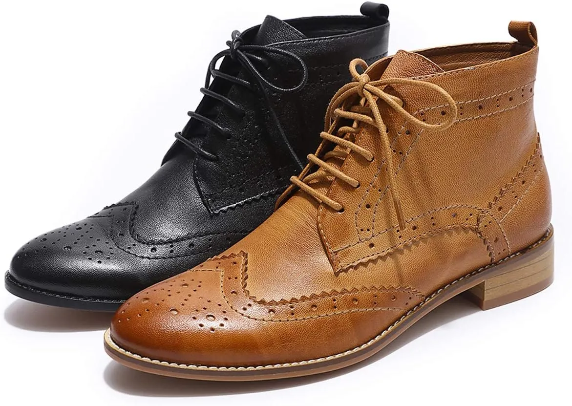 Mona flying Women's Comfort Leather Lace-up Oxfords Brogue Boots Ankle High Fashion Tie up Booties Low Heel Combat Boots