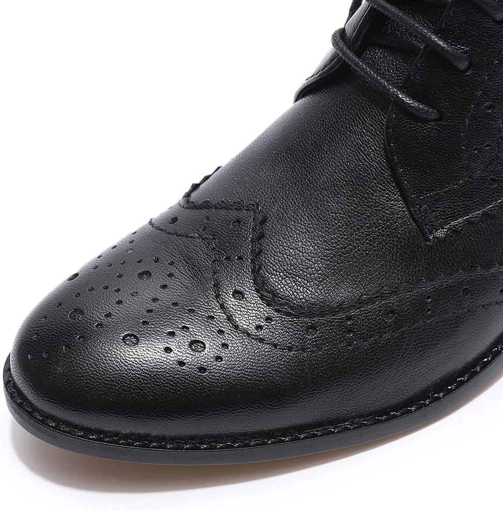 Mona flying Women's Comfort Leather Lace-up Oxfords Brogue Boots Ankle High Fashion Tie up Booties Low Heel Combat Boots