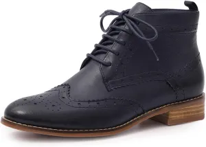 Mona flying Women's Comfort Leather Lace-up Oxfords Brogue Boots Ankle High Fashion Tie up Booties Low Heel Combat Boots