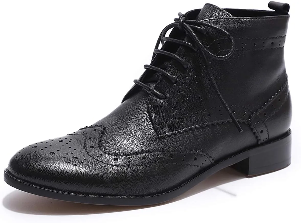 Mona flying Women's Comfort Leather Lace-up Oxfords Brogue Boots Ankle High Fashion Tie up Booties Low Heel Combat Boots