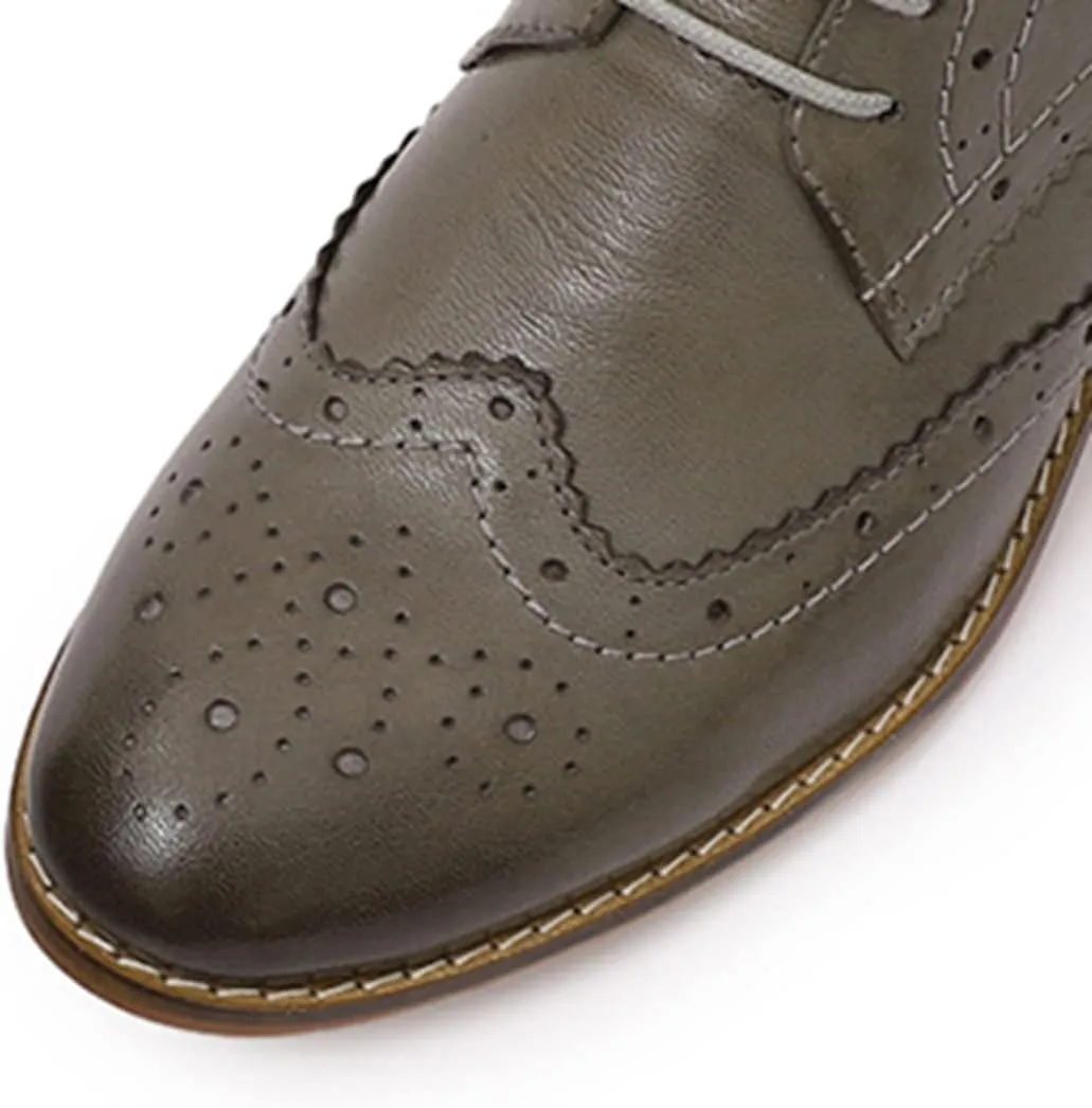 Mona flying Women's Comfort Leather Lace-up Oxfords Brogue Boots Ankle High Fashion Tie up Booties Low Heel Combat Boots