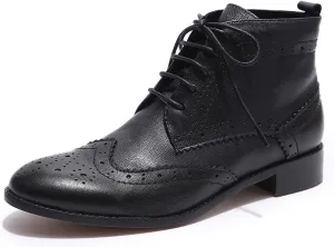 Mona flying Women's Comfort Leather Lace-up Oxfords Brogue Boots Ankle High Fashion Tie up Booties Low Heel Combat Boots