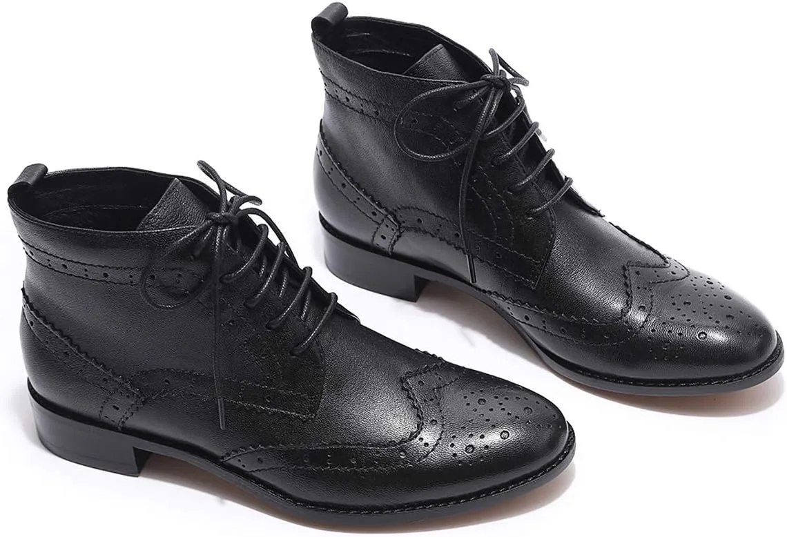 Mona flying Women's Comfort Leather Lace-up Oxfords Brogue Boots Ankle High Fashion Tie up Booties Low Heel Combat Boots