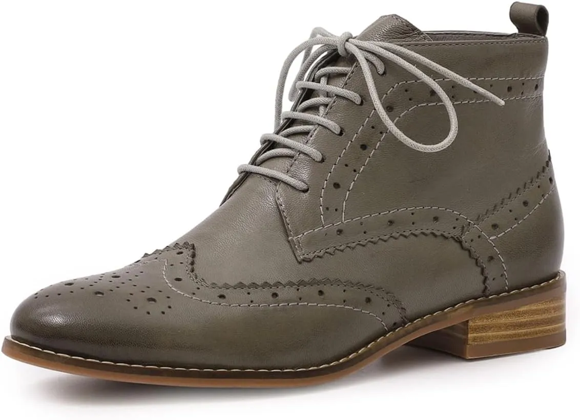 Mona flying Women's Comfort Leather Lace-up Oxfords Brogue Boots Ankle High Fashion Tie up Booties Low Heel Combat Boots