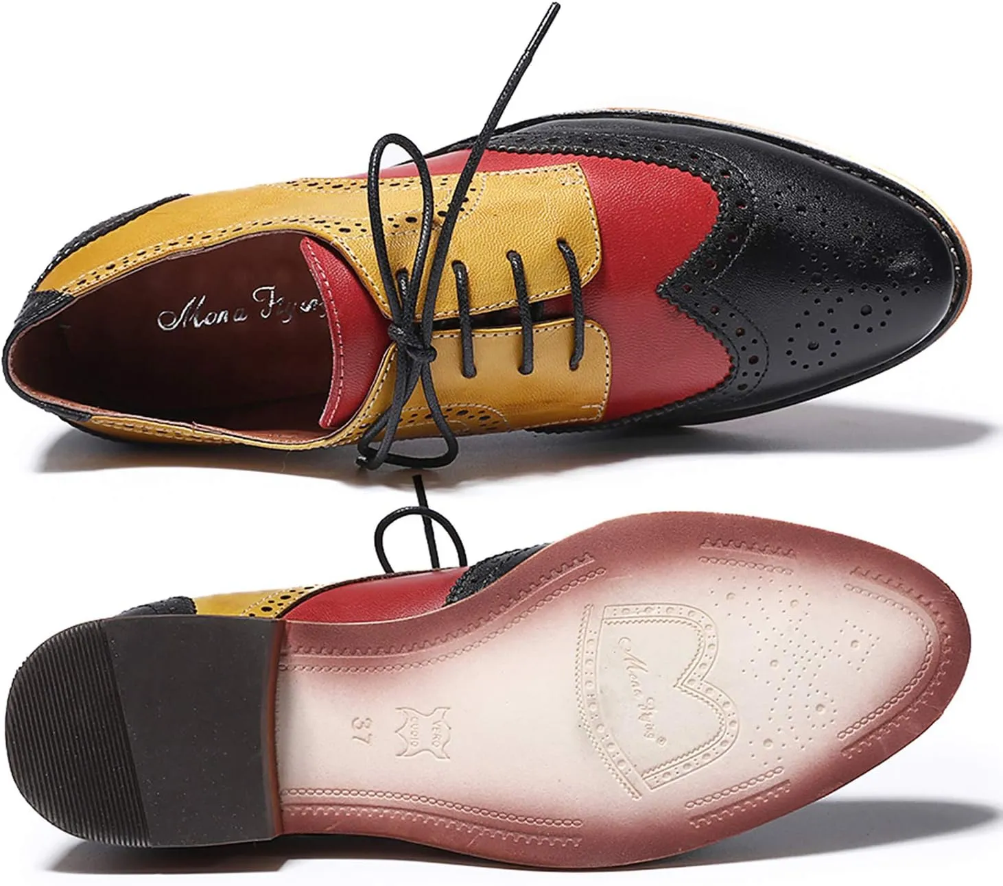 Mona flying Women's Comfortable Multicolored Wingtip Oxfords Brogue Lace-up Leather Shoes for Womens Ladies